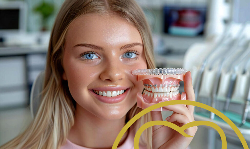smiling teenage girl holding invisalign and traditional brace examples